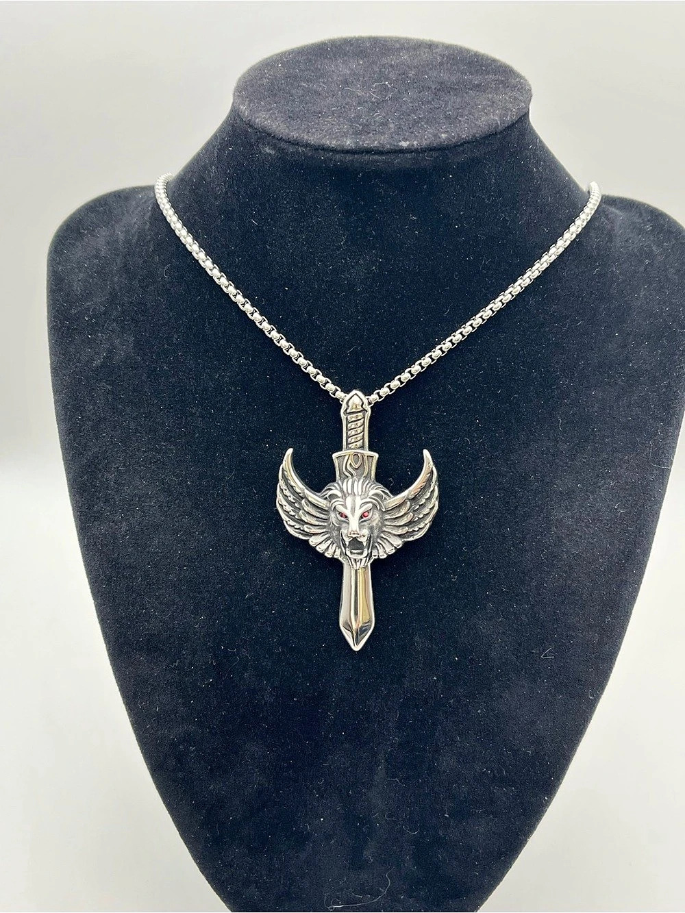 24”, Stainless Steel Winged Lion Head Sword Pendant with Rollo Link Chain